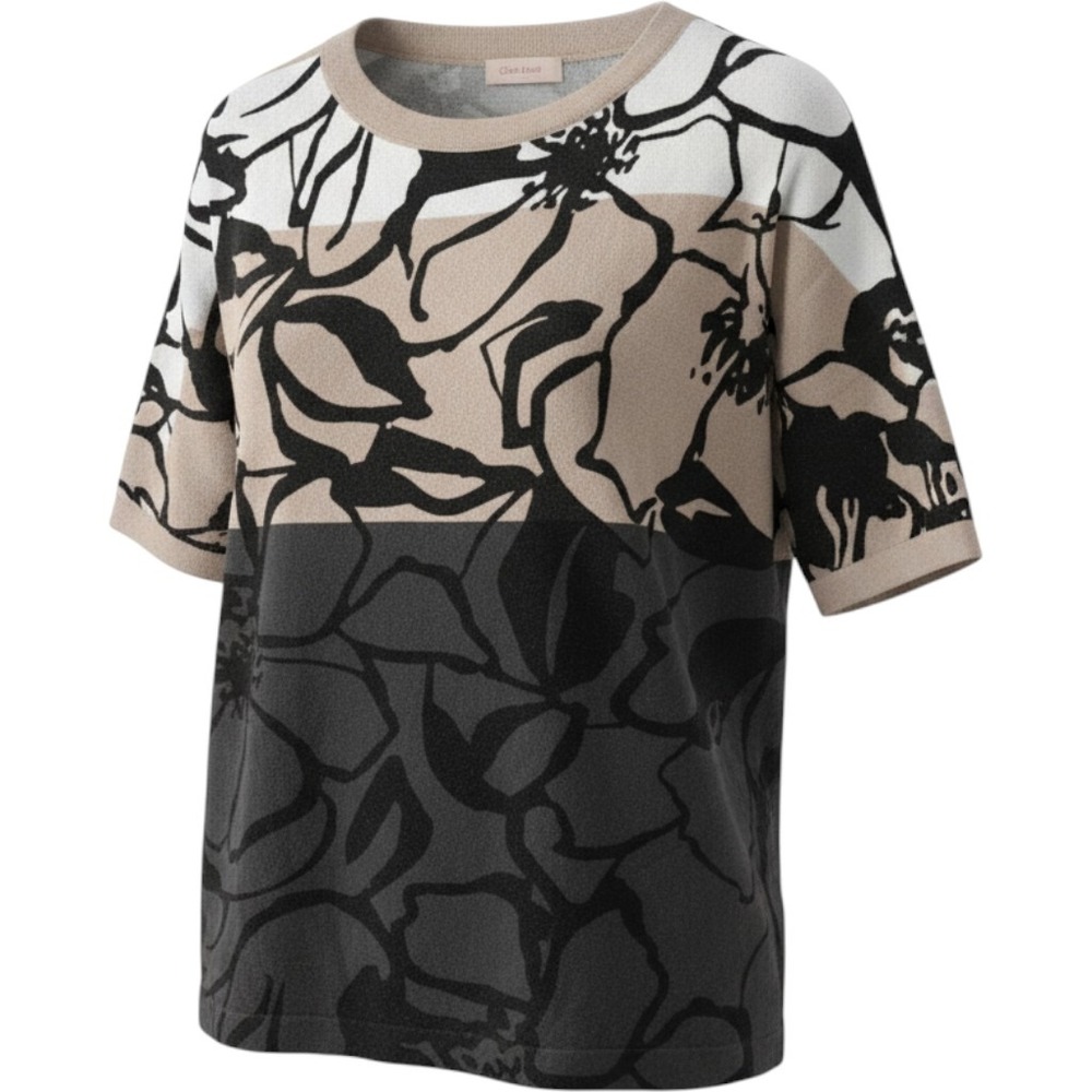 Chicos Floral Intarsia Knit Short Sleeve Sweater Top Tan Black Size xl
